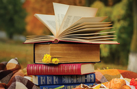 Stacks of books on a picnic blanket